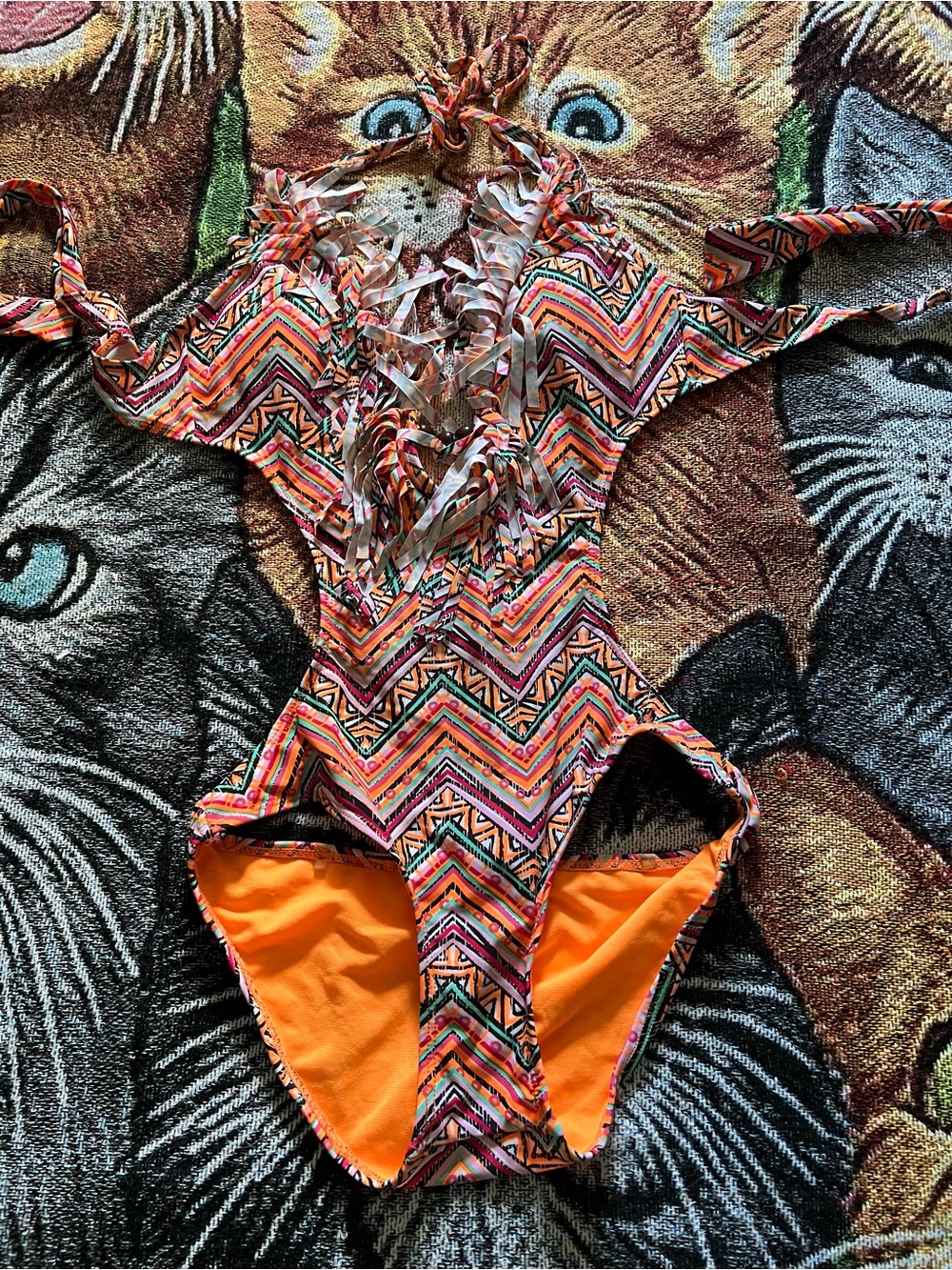 Wet Seal Zigzag Lace-Up One-Piece Swimsuit in Orange and Multicolor